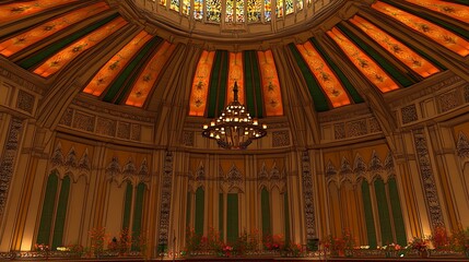 Obraz premium Grand Hall Interior, Chandelier, Stained Glass, Event Setup