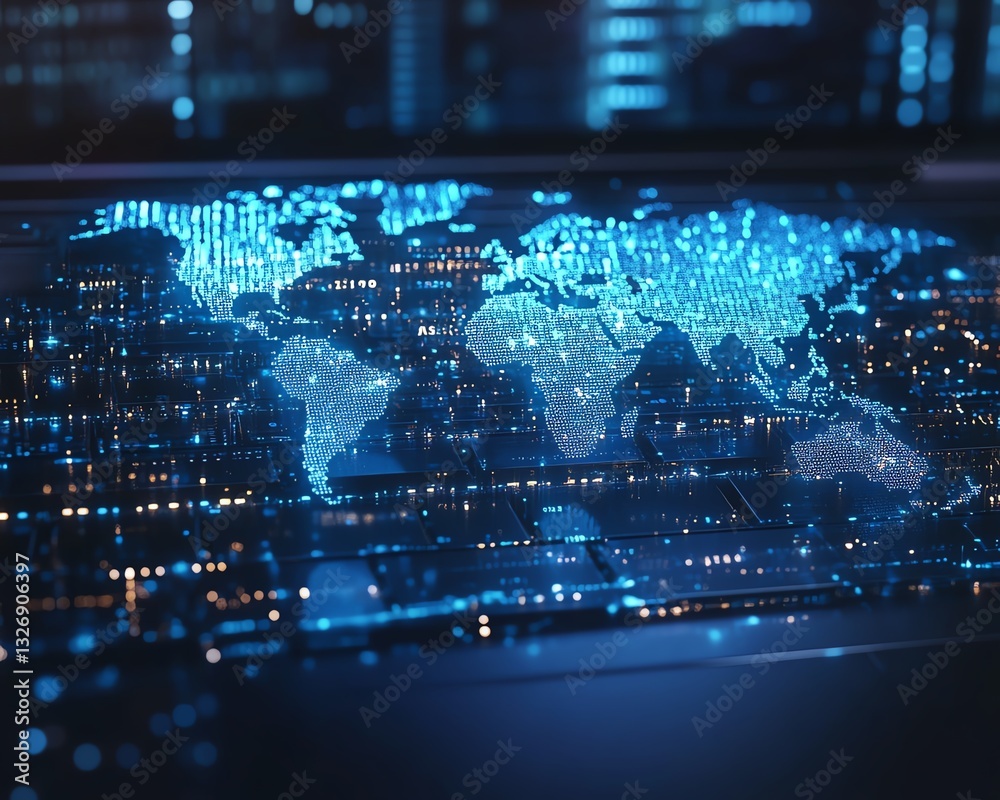 Poster Digital global map hologram overlaying a laptop keyboard, with a binary code background, symbolizing technology, data, and global connectivity, 3D rendering
