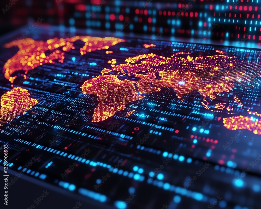 Aufkleber Digital global map hologram on a laptop keyboard with a binary code background, symbolizing data security and global communication, 3D rendered