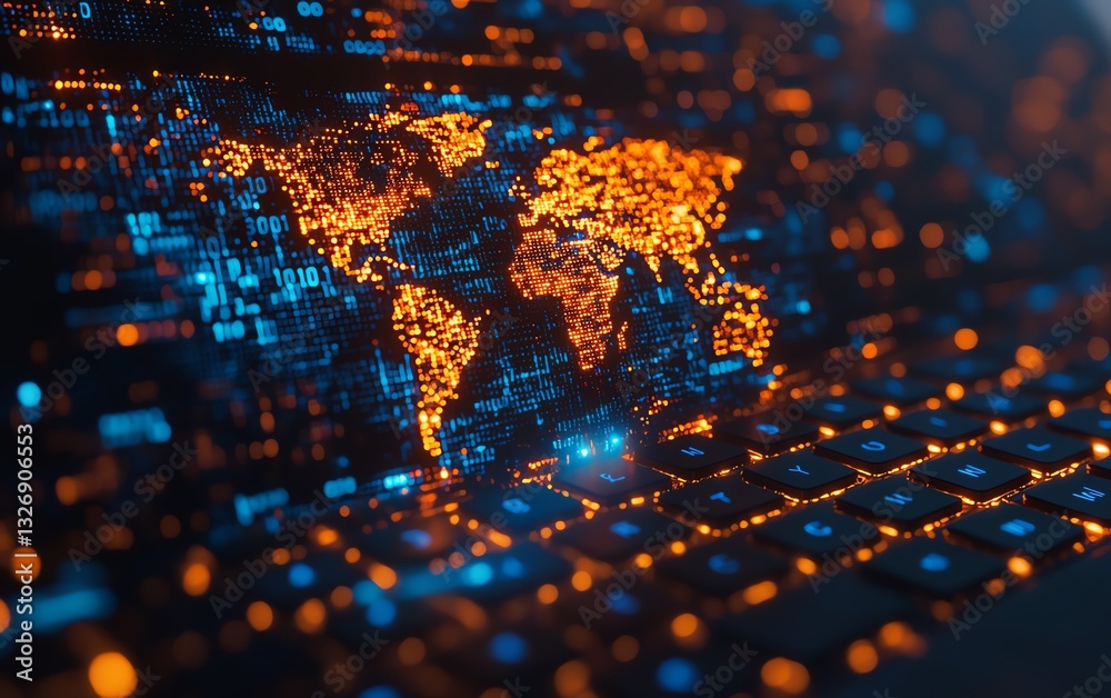 Aufkleber Digital global map hologram on a laptop keyboard with a binary code background, symbolizing data security and global communication, 3D rendered