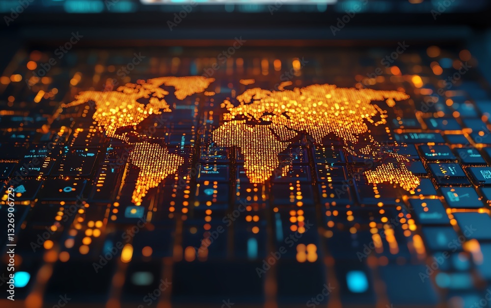 Aufkleber Digital global map hologram on a laptop keyboard with a binary code background, symbolizing data security and global communication, 3D rendered