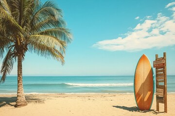 Surfboard and palm tree on beach with beach sign for surfing area. Travel adventure and water sport. relaxation and summer vacation concept. vintage color tone image.