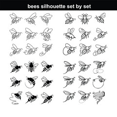 bee vector set silhouette  set of bee silhouette vector illustration vector silhouette honey bee on a white background silhouette
