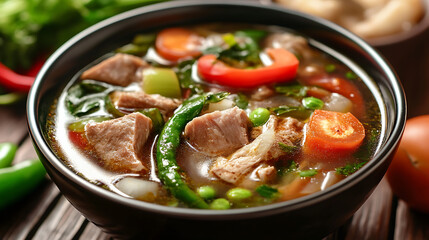 bowl of Sinigang, traditional Filipino sour soup, filled with tender pork chunks, tomatoes, green beans, spinach, and chili peppers in rich, tangy broth