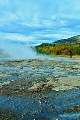 Iceland - view of Haukadalur geothermal field near geyser Strokkur