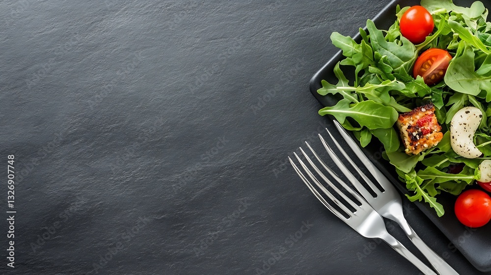 Poster fresh and vibrant salad display on black surface with fork highlighting healthy eating lifestyle : g