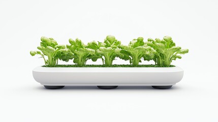 Fototapeta premium Fresh green lettuce growing in a modern hydroponic planter on a white background, showcasing vibrant leaves and healthy growth.