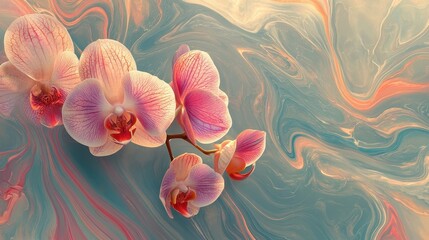 Pink orchids with a swirled water color effect background