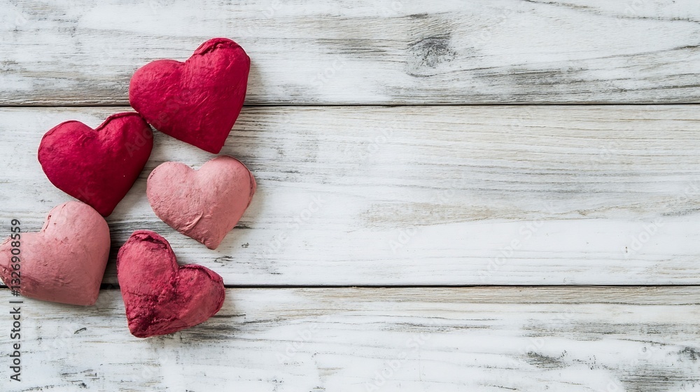 Aufkleber charming collection of colorful handmade paper hearts on a rustic wooden background representing lov