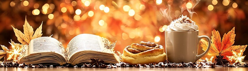 Cozy autumn gathering book cinnamon roll hot chocolate home warm atmosphere food photography
