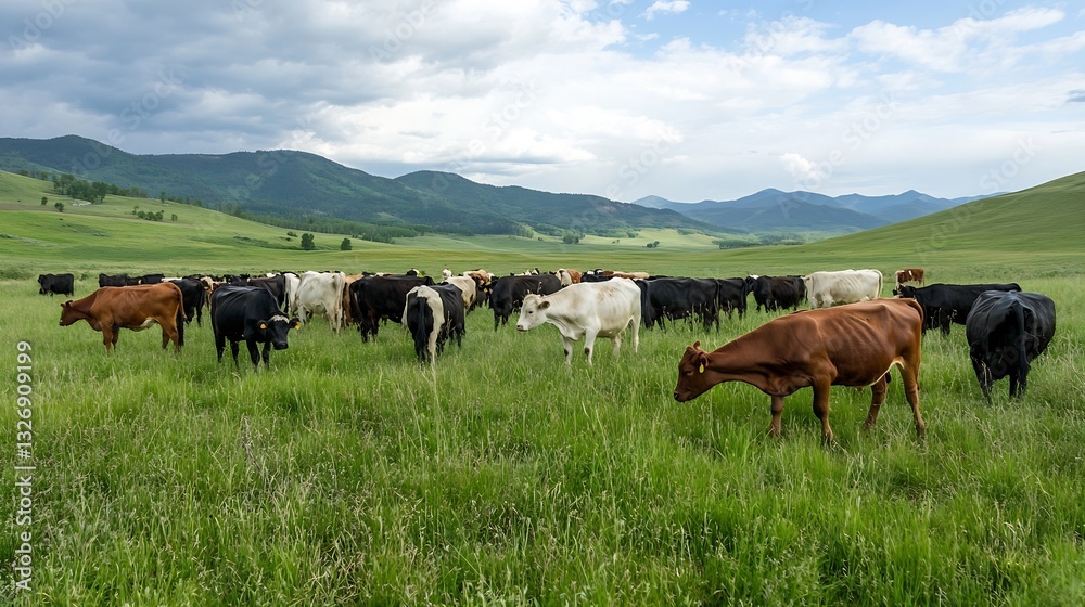 Poster herd of cows grazing peacefully in a lush green meadow surrounded by hills : generative ai