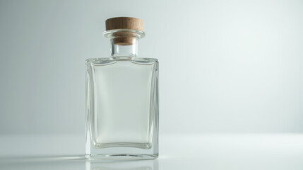 clear glass bottle with wooden cork, elegantly displayed on surface. minimalist design highlights its simplicity and beauty