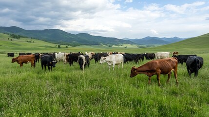 Obraz premium Herd of cows grazing peacefully in a lush green meadow surrounded by hills : Generative AI