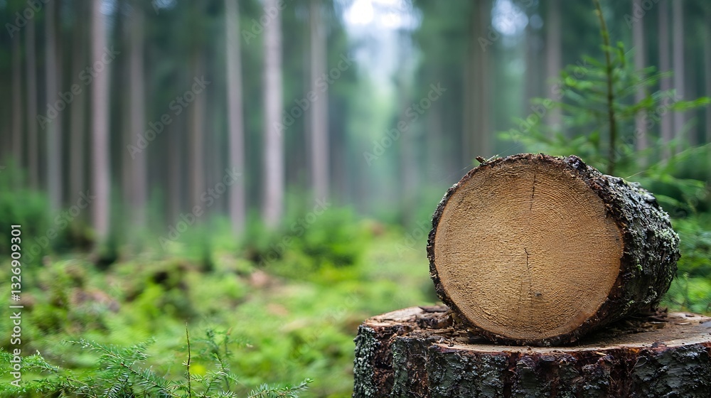 Poster Cross section of freshly cut tree log amidst lush forest greenery : Generative AI