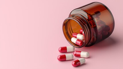 Red and white capsules spill from an amber glass bottle, symbolizing healthcare and medication.