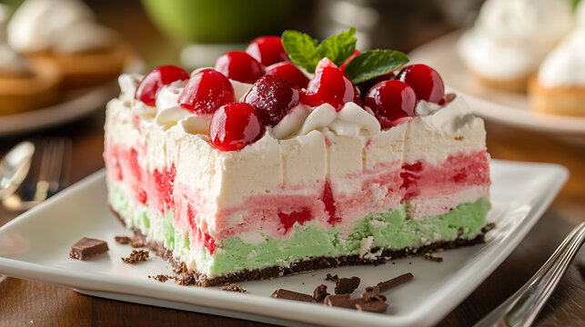 delicious slice of spumoni ice cream cake with layers of pistachio, cherry, and vanilla ice cream, topped with whipped cream, maraschino cherries, and sprig of mint, served on white plate