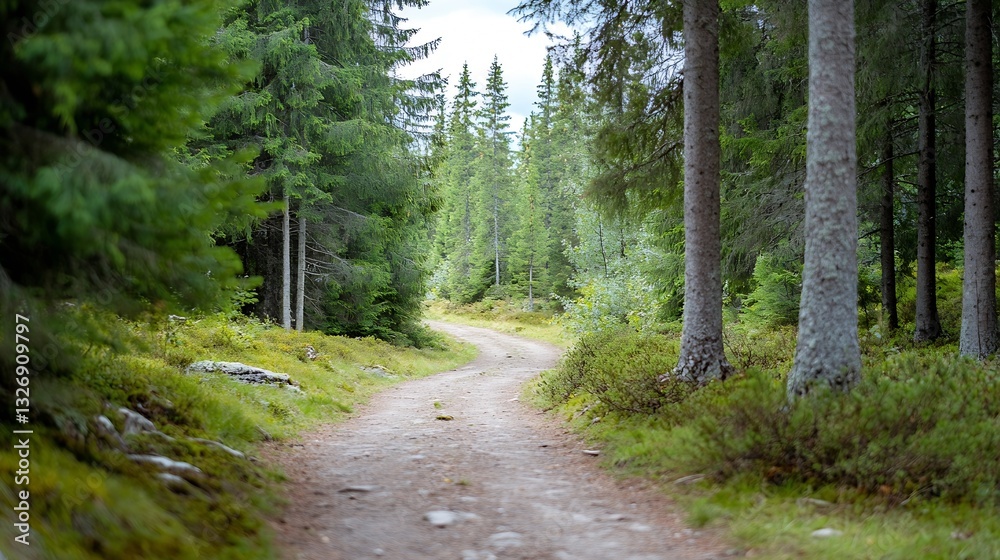 Poster serene winding path through lush green forest inviting nature lovers to explore : generative ai