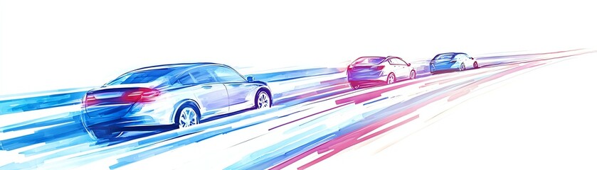 A dynamic illustration of three cars speeding down a road, showcasing motion with vibrant shades of blue and red, set against a pure white background.