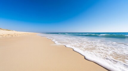 Obraz premium Stunning ocean beach view with golden sand and crystal clear blue water under a bright sunny sky : Generative AI