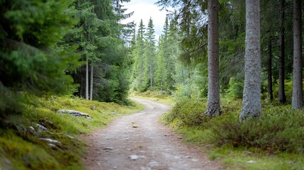 Fototapeta premium Serene winding path through lush green forest inviting nature lovers to explore : Generative AI