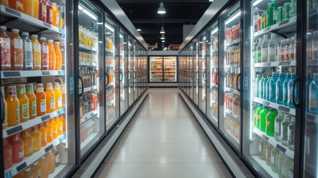 well organized beverage aisle featuring various drinks in glass refrigerators, showcasing colorful bottles and cans
