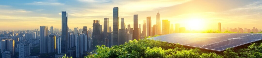 Obraz premium A panoramic cityscape with solar panels on green rooftops and urban greenery at sunrise. Generative AI