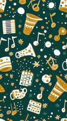 Dynamic pattern featuring different musical objects with floating golden harp notes creating a joyful artistic scene