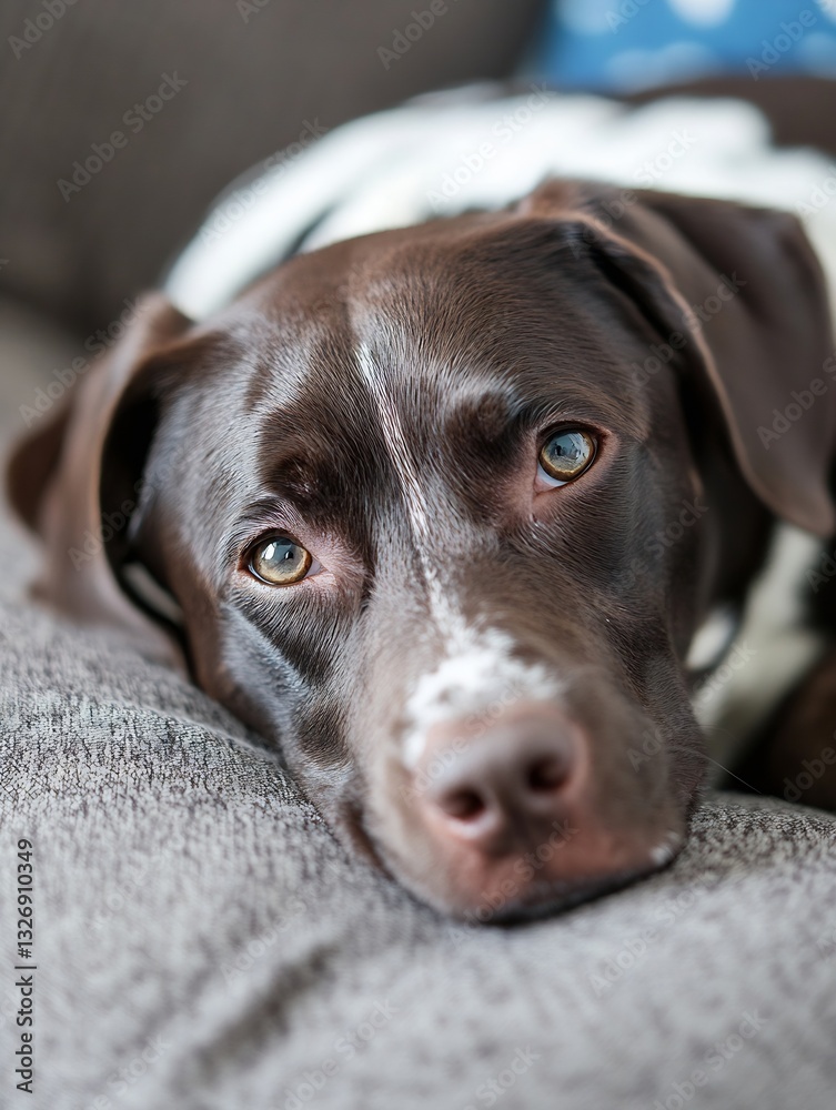 Poster closeup portrait of a relaxed brown dog with unique eye color : generative ai