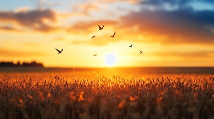 Stunning sunset over a golden wheat field with birds flying in the colorful sky : Generative AI