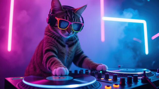 Cool cat DJ wearing sunglasses and headphones, mixing vibrant music in neon lights, creating fun atmosphere