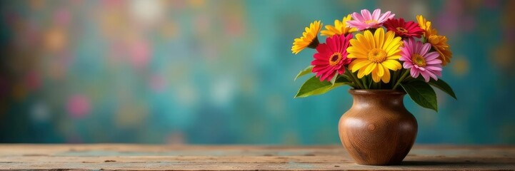 Colorful floral arrangement in a rustic wooden vase, colorful, table