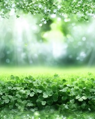 A lush green grass field adorned with clovers under golden sunbeams shining through the clear blue sky