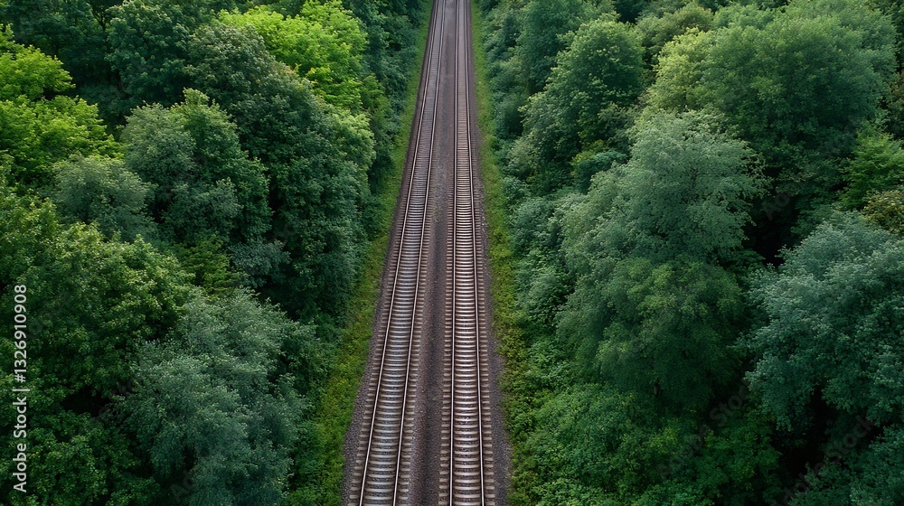Poster aerial view of railway tracks winding through lush green forests highlighting a blend of nature and 
