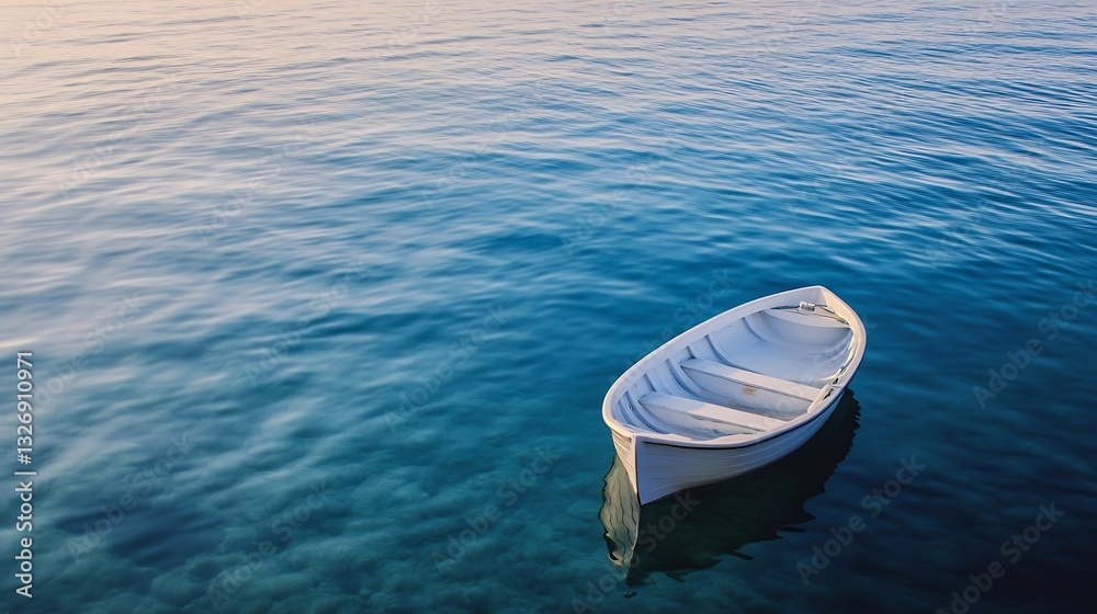Poster a tranquil small white boat floating on calm water reflecting the serenity of nature in beautiful co