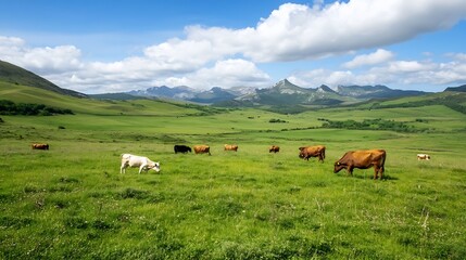 Beautiful Pastoral Landscape with Grazing Cows and Lush Green Fields Under a Bright Sky : Generative AI