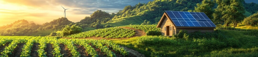 A rural green farm with solar energy systems wind turbines and flourishing vegetable fields. Generative AI