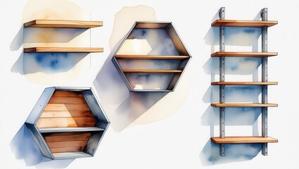 Fototapeta premium Modern Wooden Metal Shelving Units Hexagon Floating Ladder Designs