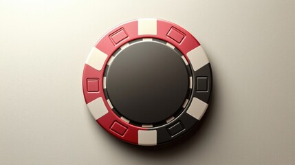 A close-up of a single red, white, and black poker chip presents gambling and casino themes.