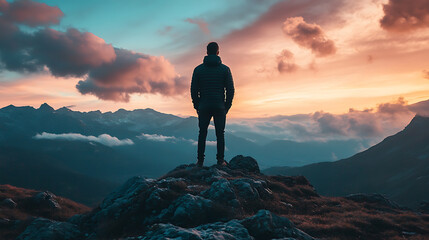 lone traveler stands atop rocky mountain peak, gazing breathtaking sunset sky filled with vibrant hues of orange, pink, and blue. clouds drift over distant mountain ranges, creating serene and