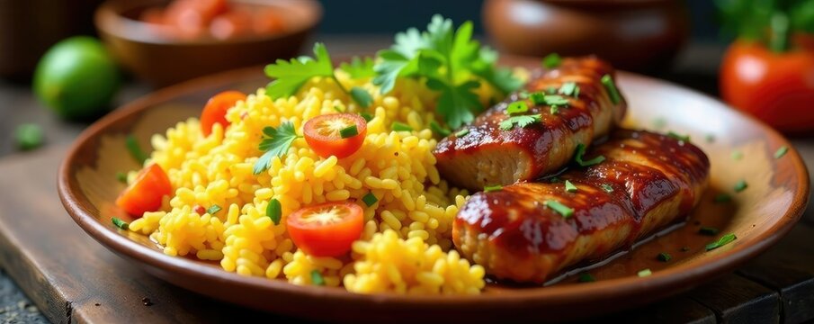 Colorful platter with steaming hot rice and pork, mexican recipe, lechona, mealtime