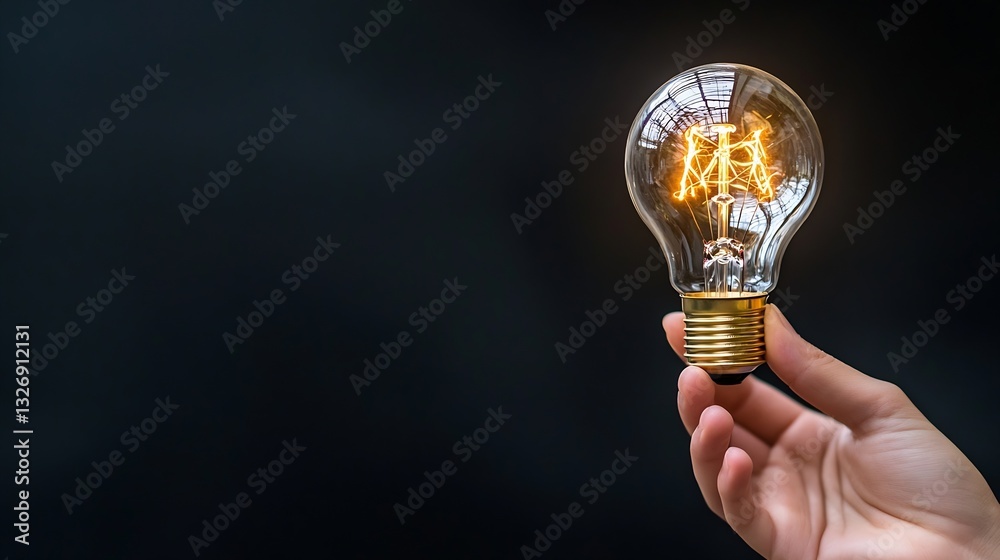 Aufkleber Hand holding a glowing light bulb with visible filament on a dark background : Generative AI