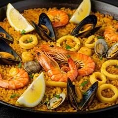 Spanish seafood paella, closeup view