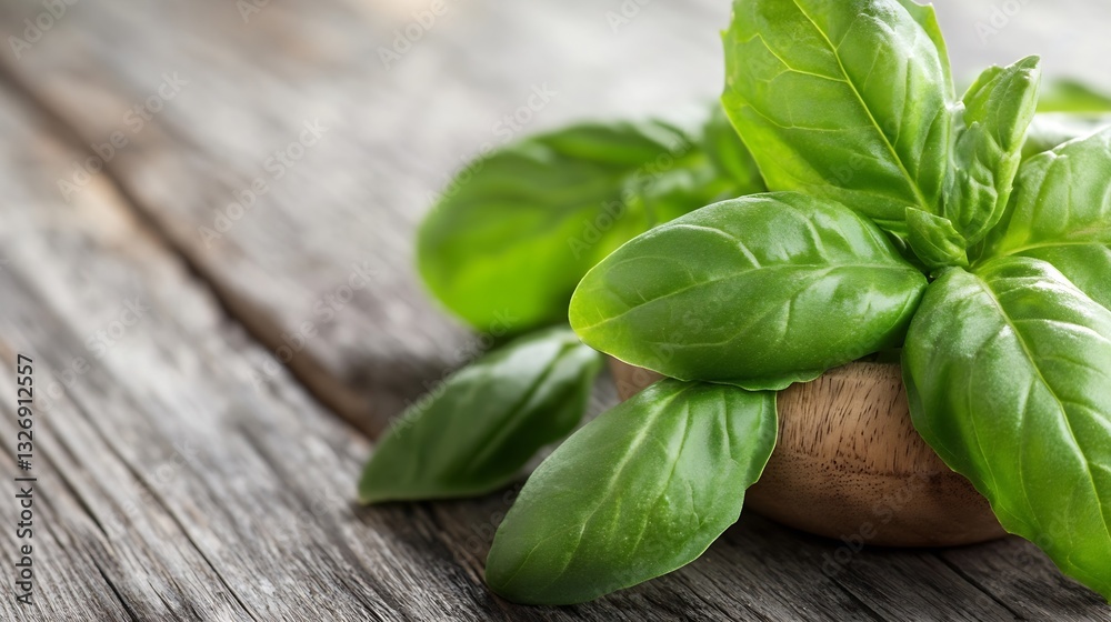 Poster fresh green basil leaves in a wooden bowl against a rustic background creating a cozy feel : generat