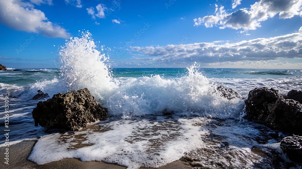 Poster dynamic splash of ocean waves crashing against rocky coastline under a bright blue sky : generative 