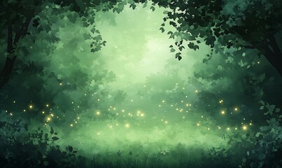 Lush, green forest scene illuminated by glowing lights, evoking a magical atmosphere.