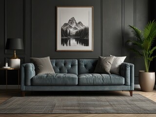 Serene Mountain Vista Gracing A Sophisticated Teal Velvet Sofa In A Darkly Elegant Living Room, Illuminated By Soft Ambient Light
