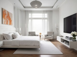 Fototapeta premium Serene White Bedroom Sanctuary, A Haven Of Peace And Quiet Featuring A Plush White Bed, Large Windows, And A Minimalist Media Console, Bathed In Soft Natural Light