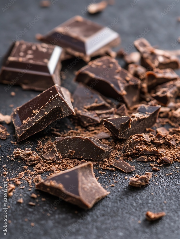 Poster pieces of dark chocolate on a black surface with a crumbled texture : generative ai