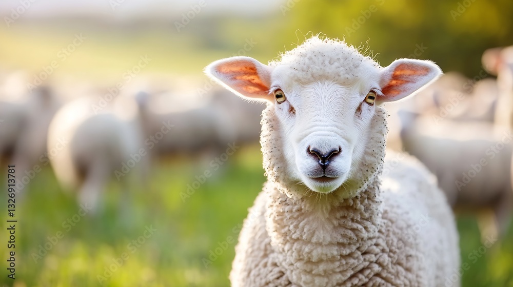 Poster close up of an adorable sheep in a lush green field looking curiously at the camera : generative ai