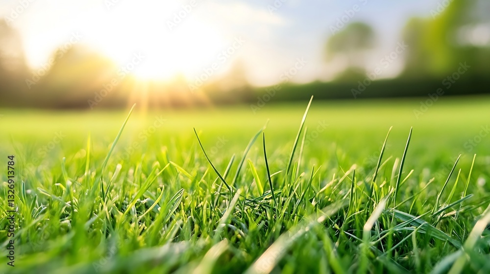Poster close up shot of vibrant green grass illuminated by sunlight creating a tranquil outdoor scene : gen